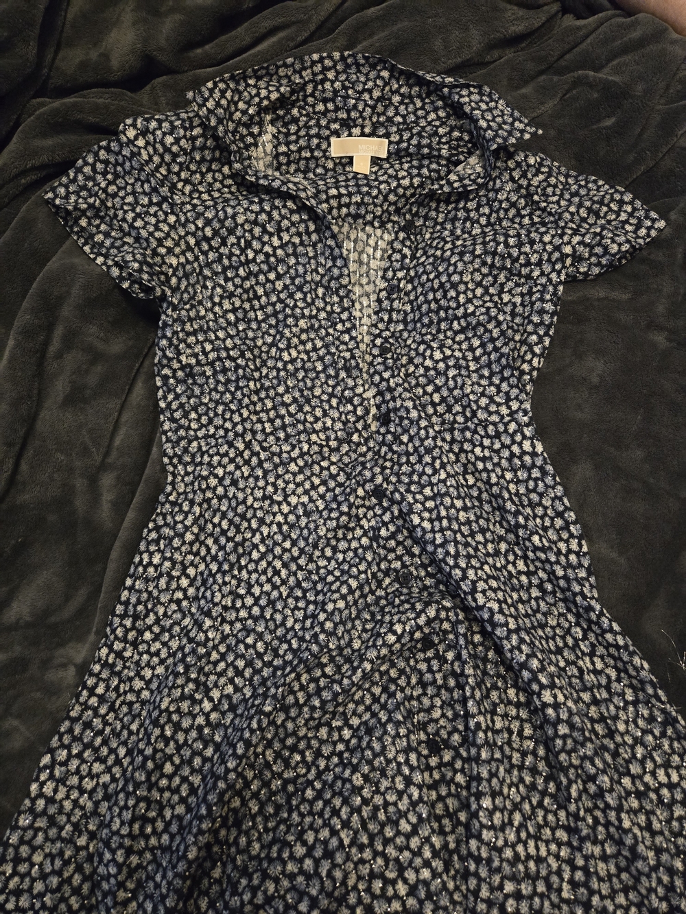 Michael Kors Navy and White Printed Short Sleeve Dress